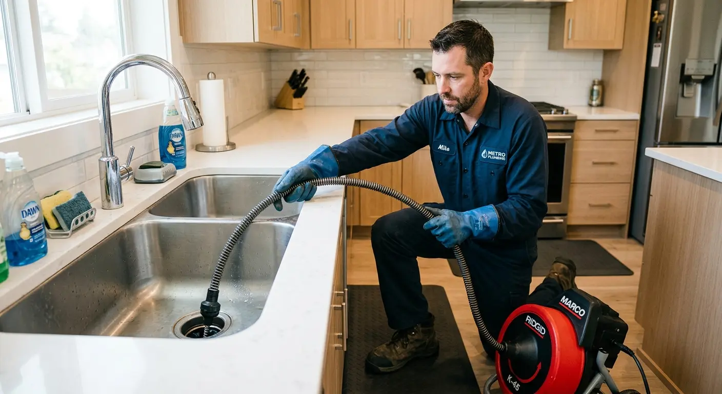 Drain cleaning technician using a motorized snake on a kitchen sink in Grove City