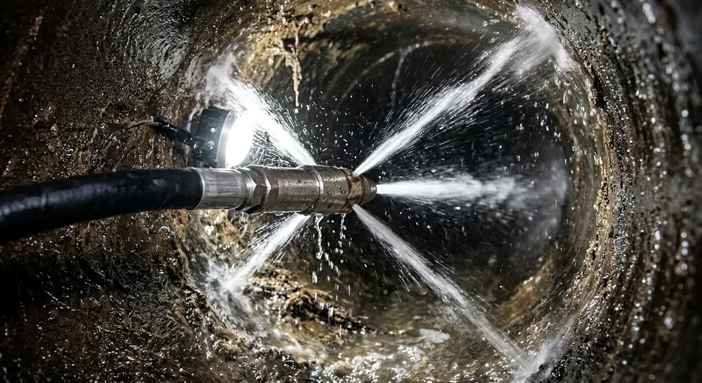 High-pressure hydro jetting nozzle cleaning sewer pipe for Trenchless Sewer Repair in Grove City