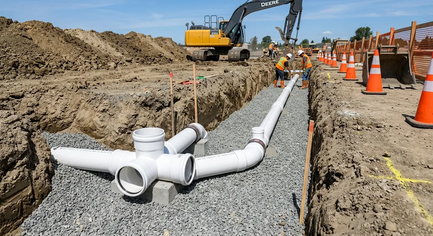 New PVC sewer pipe installation in open trench for Commercial Drain Cleaning in Grove City
